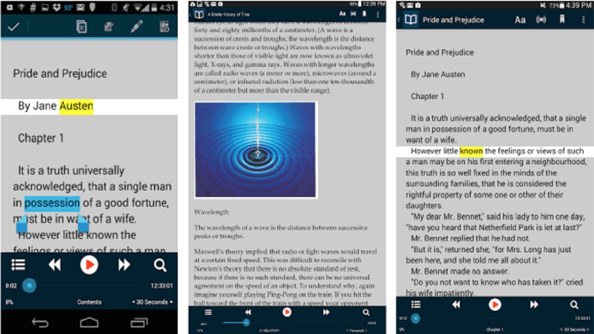 aplicación voice dream reader: imagen de capturas de pantalla del uso de la aplicación