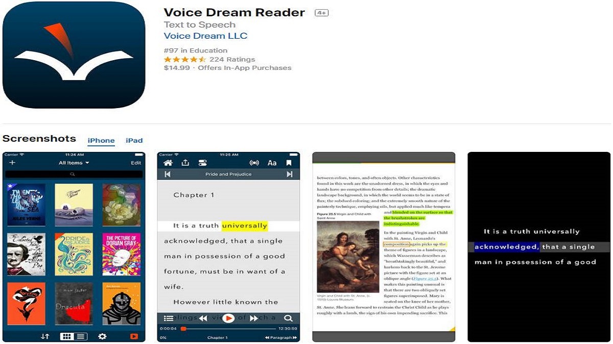 aplicación voice dream reader: imagen de capturas de pantalla del uso de la aplicación