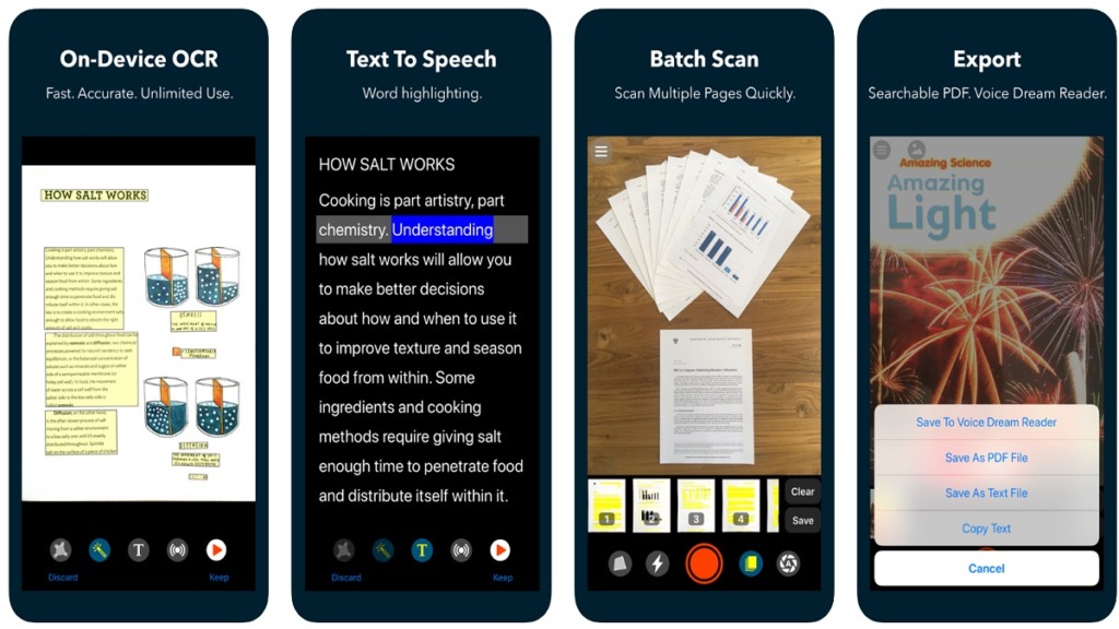 aplicación voice dream scanner: imagen de capturas de pantalla del uso de la aplicación
