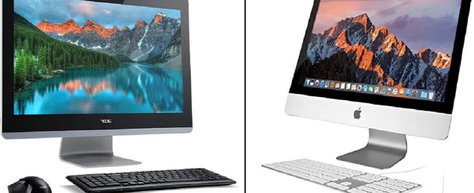 windows o apple: imagen de un imac y un pc