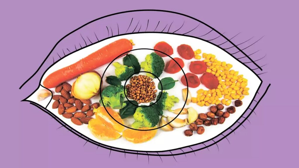 vitaminas: imagen de un ojo sano rodeado de alimentos ricos en vitaminas
