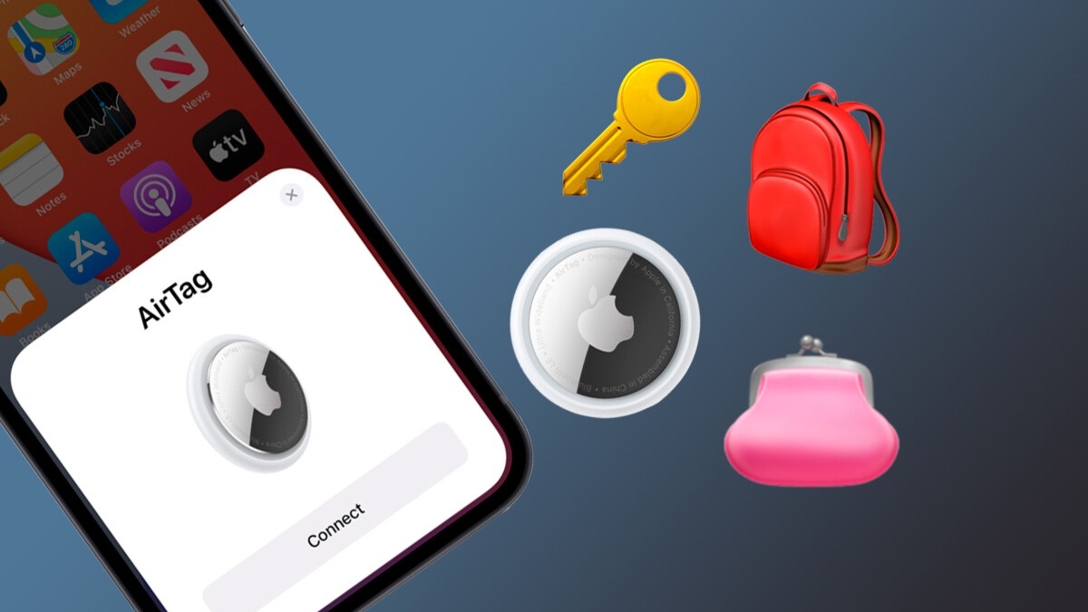 airtag: imagen de un airtag junto a un modelo de iphone
