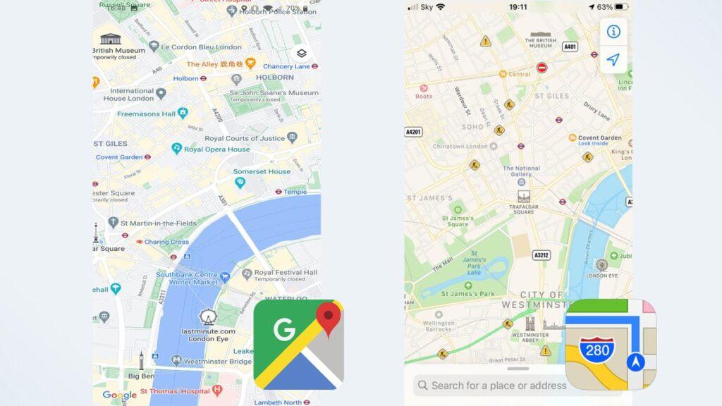 imagen de las aplicaciones de mapas de Google y Apple