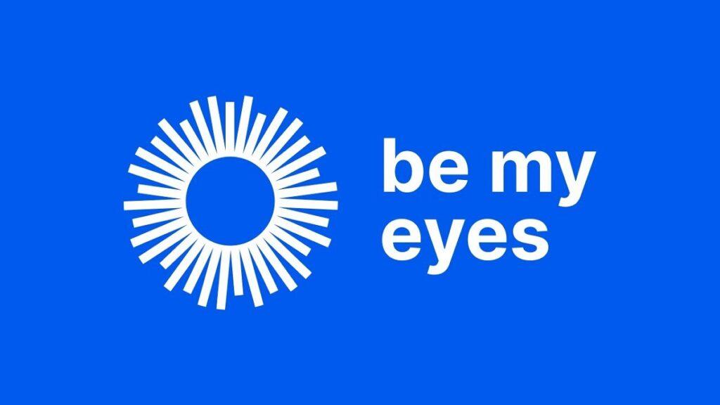 logo de Be My Eyes y su leyenda en relación a chatbots y aplicaciones basadas en IA en blanco sobre fondo azul