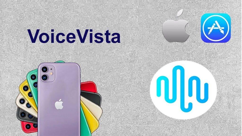 visualización del nombre la aplicación voicevista acompañada de los logos de apple y app store junto a modelos de iphone