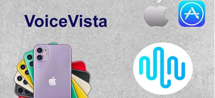 visualización del nombre la aplicación voicevista acompañada de los logos de apple y app store junto a modelos de iphone