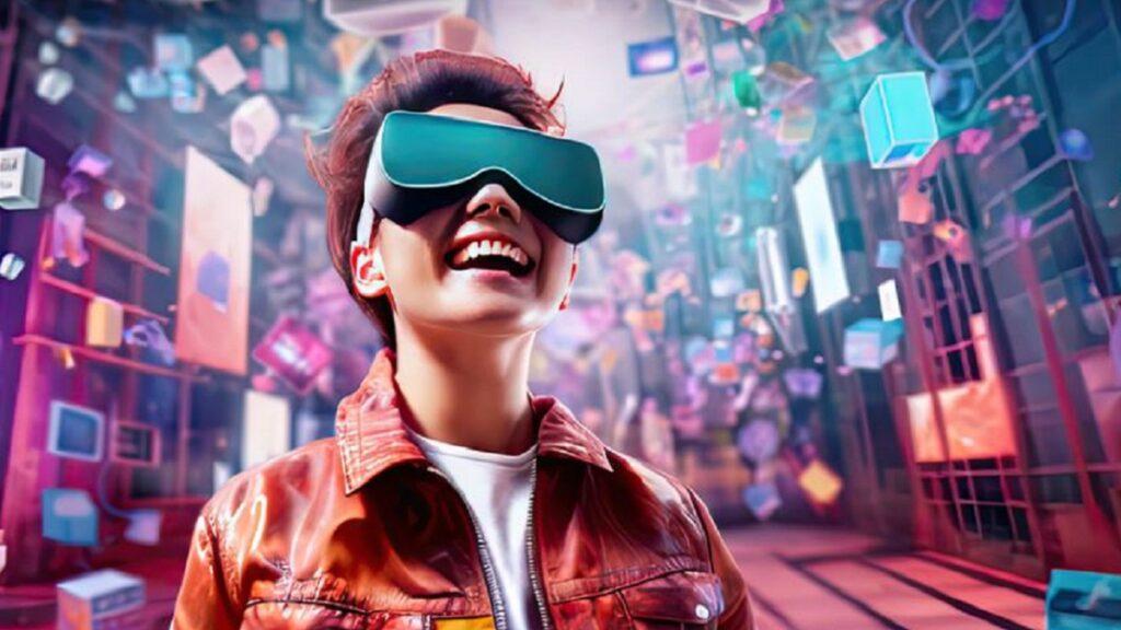 observamos a una joven con gafas de realidad virtual generada por IA para la CES 2024