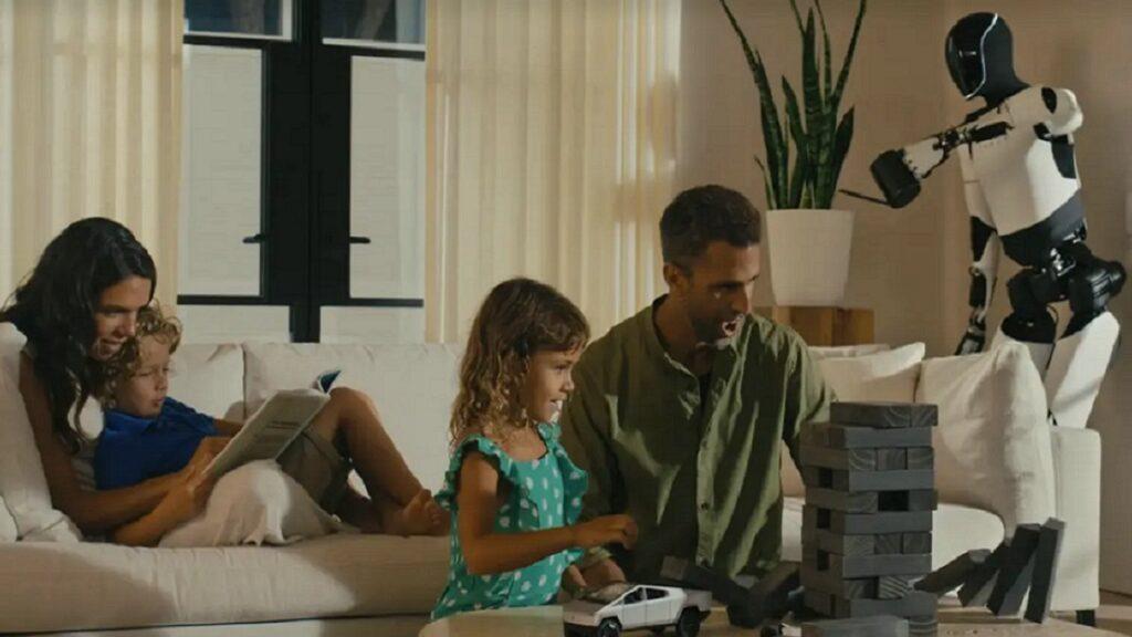 androide optimus de Tesla en el fondo regando una planta en la sala de estar con la familia jugando a un juego de mesa