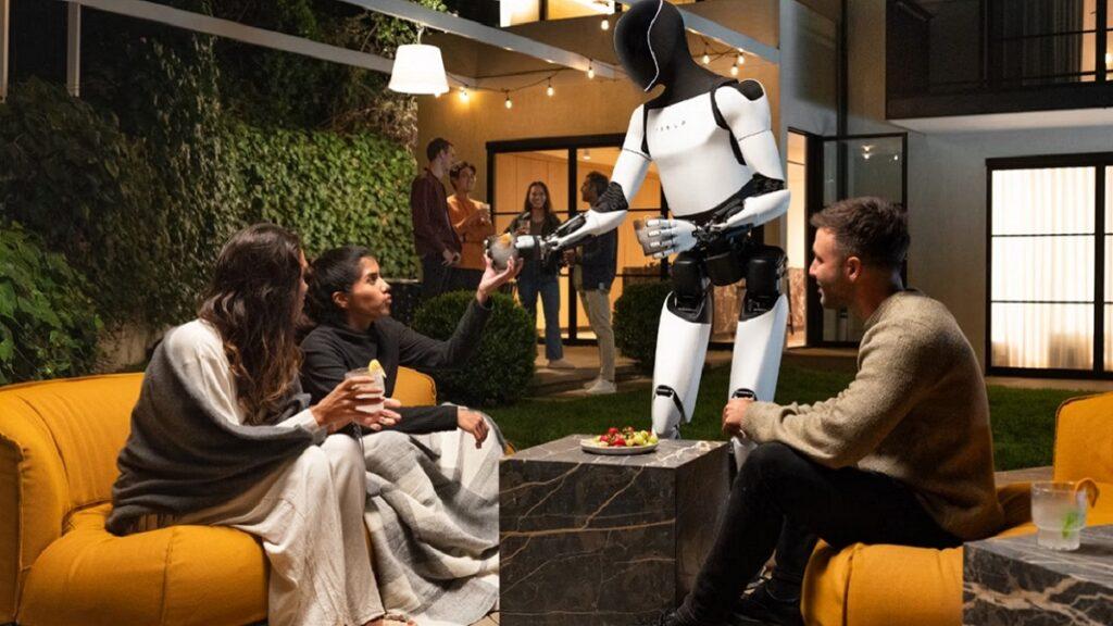 androide optimus de Tesla sirviendo copas a un grupo de personas