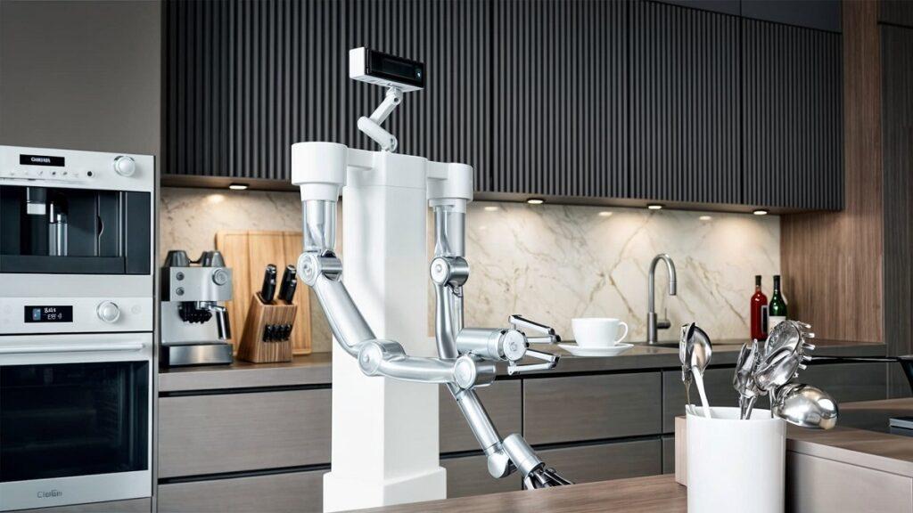 robot humanoide Isaac de la empresa Weave sosteniendo un plato pequeño con una taza en una cocina