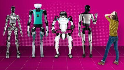 una persona se lleva las manos a la cabeza ante varios prototipos de robot humanoide