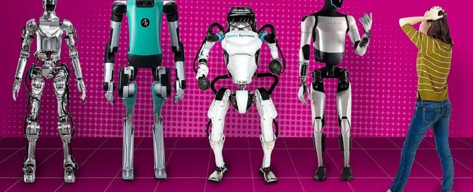 una persona se lleva las manos a la cabeza ante varios prototipos de robot humanoide