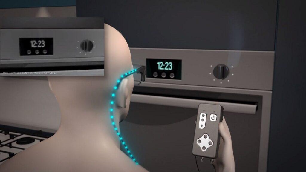 animación que muestra una persona usando el implante ocular prima y sus dispositivos externos