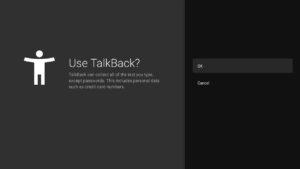 Pantalla de activación de TalkBack, una función de accesibilidad que permite la lectura en voz alta del contenido en pantalla. Se informa al usuario sobre la recopilación de datos, incluyendo información personal, y se presentan opciones para aceptar o cancelar la activación