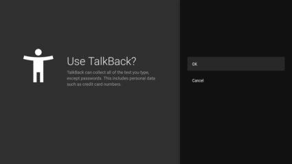 Pantalla de activación de TalkBack, una función de accesibilidad que permite la lectura en voz alta del contenido en pantalla. Se informa al usuario sobre la recopilación de datos, incluyendo información personal, y se presentan opciones para aceptar o cancelar la activación