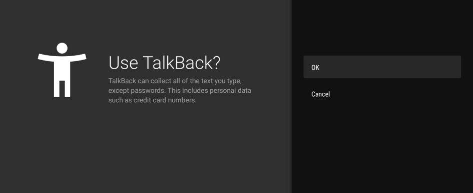Pantalla de activación de TalkBack, una función de accesibilidad que permite la lectura en voz alta del contenido en pantalla. Se informa al usuario sobre la recopilación de datos, incluyendo información personal, y se presentan opciones para aceptar o cancelar la activación