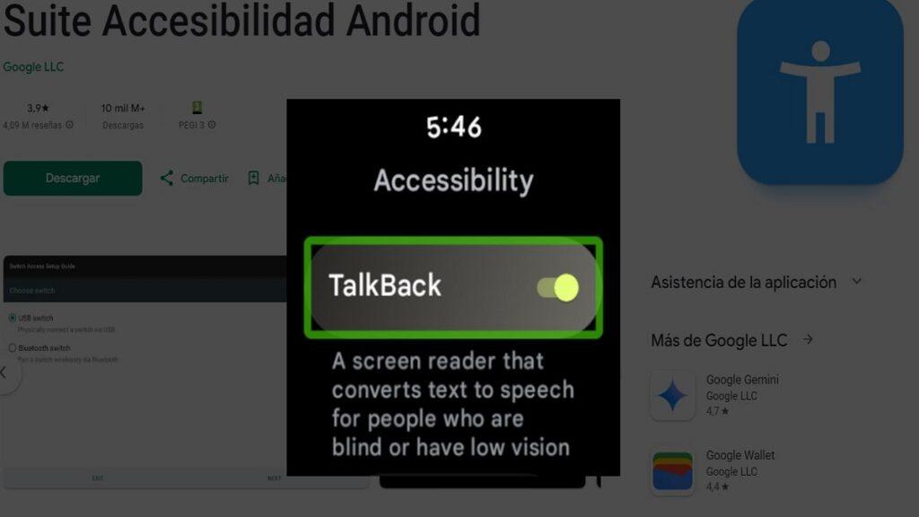 Pantalla de confirmación para activar TalkBack, indicando que la función puede recopilar datos personales como números de tarjetas de crédito al leer el texto ingresado por el usuario. Se presentan opciones para aceptar o cancelar la activación.