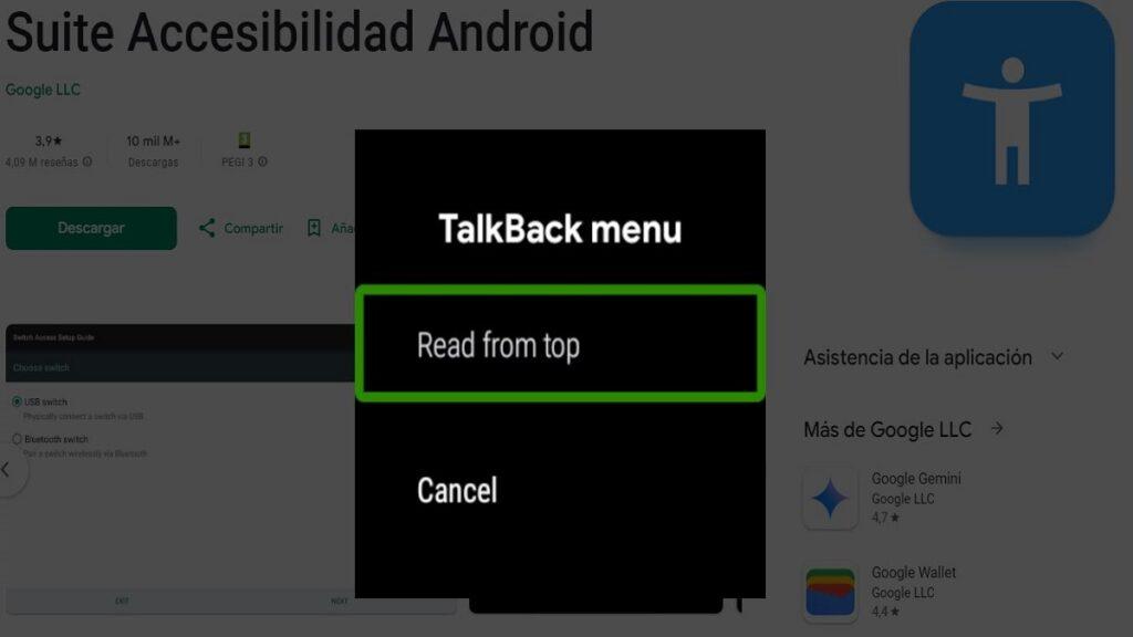 Pantalla de confirmación para activar TalkBack, indicando que la función puede recopilar datos personales al leer el texto ingresado por el usuario. Se presentan opciones para aceptar o cancelar la activación.