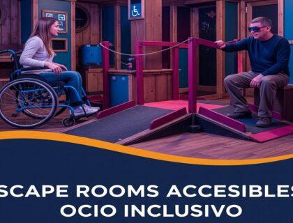 ejemplo de escape rooms accesibles generado por IA que muestra un escape room accesible, con una mujer en silla de ruedas y un hombre con antifaz simulando ceguera, participando en una actividad inclusiva diseñada para personas con discapacidad.