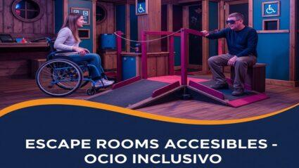 ejemplo de escape rooms accesibles generado por IA que muestra un escape room accesible, con una mujer en silla de ruedas y un hombre con antifaz simulando ceguera, participando en una actividad inclusiva diseñada para personas con discapacidad.