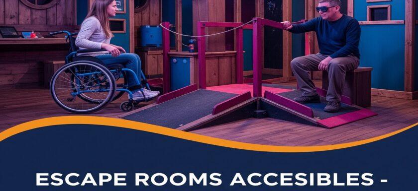 ejemplo de escape rooms accesibles generado por IA que muestra un escape room accesible, con una mujer en silla de ruedas y un hombre con antifaz simulando ceguera, participando en una actividad inclusiva diseñada para personas con discapacidad.