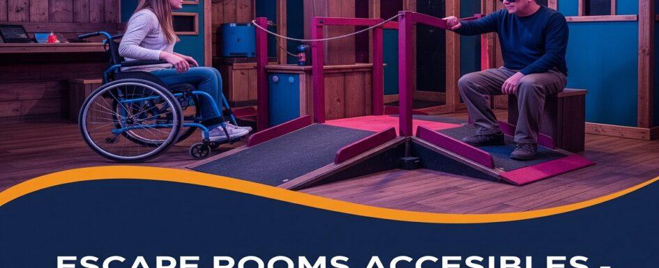 ejemplo de escape rooms accesibles generado por IA que muestra un escape room accesible, con una mujer en silla de ruedas y un hombre con antifaz simulando ceguera, participando en una actividad inclusiva diseñada para personas con discapacidad.