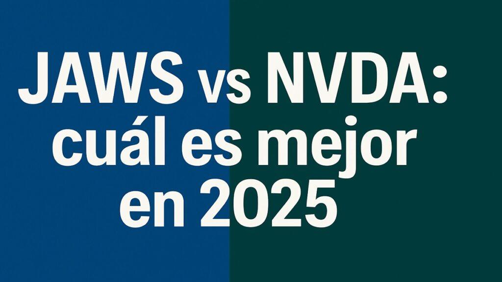 JAWS vs NVDA: comparación entre los dos lectores de pantalla más populares en 2025, con texto grande y contraste alto diseñado para personas con discapacidad visual. Sobre fondo dividido en azul oscuro y verde oscuro, con texto en letras grandes y blancas que dice: 'JAWS vs NVDA: cuál es mejor en 2025'