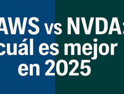 JAWS vs NVDA: comparación entre los dos lectores de pantalla más populares en 2025, con texto grande y contraste alto diseñado para personas con discapacidad visual. Sobre fondo dividido en azul oscuro y verde oscuro, con texto en letras grandes y blancas que dice: 'JAWS vs NVDA: cuál es mejor en 2025'