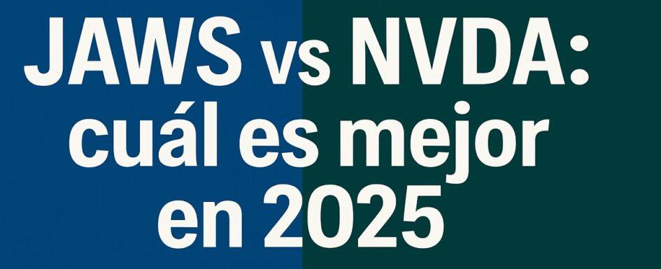 JAWS vs NVDA: comparación entre los dos lectores de pantalla más populares en 2025, con texto grande y contraste alto diseñado para personas con discapacidad visual. Sobre fondo dividido en azul oscuro y verde oscuro, con texto en letras grandes y blancas que dice: 'JAWS vs NVDA: cuál es mejor en 2025'