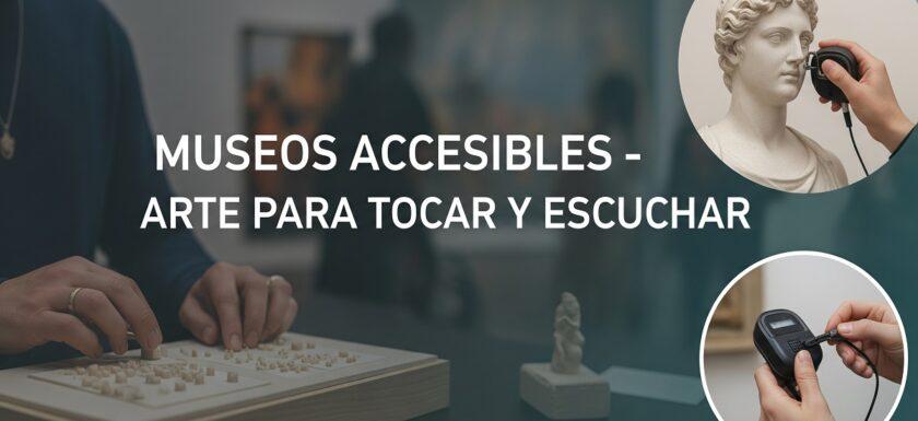 Se ve una composición visual generada con IA con el texto 'museos accesibles - arte para tocar y escuchar' en un diseño claro y moderno, que representa la accesibilidad del arte para todos los sentidos en los museos.
