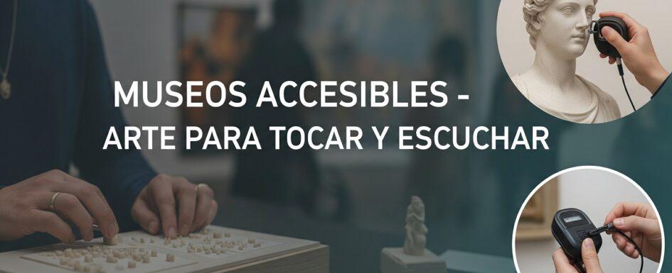 Se ve una composición visual generada con IA con el texto 'museos accesibles - arte para tocar y escuchar' en un diseño claro y moderno, que representa la accesibilidad del arte para todos los sentidos en los museos.